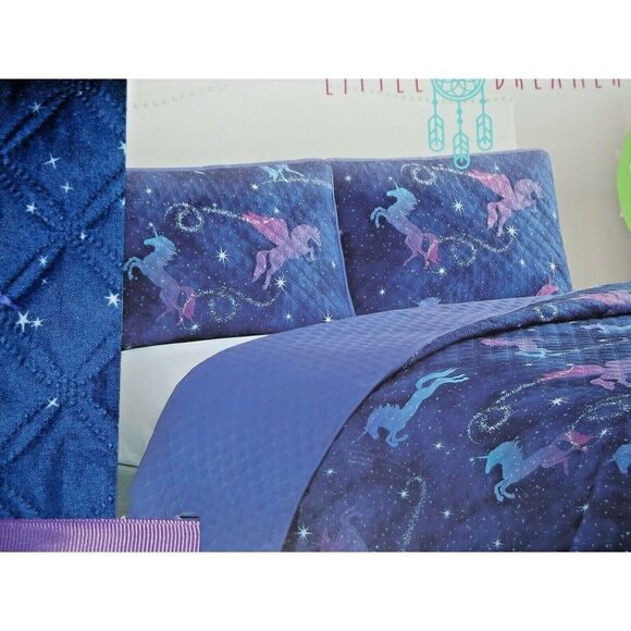 LITTLE DREAMERS KIDS UNICORNS Stars Purple REVERSIBLE TWIN QUILT SHAM SET $120 - Picture 4 of 5